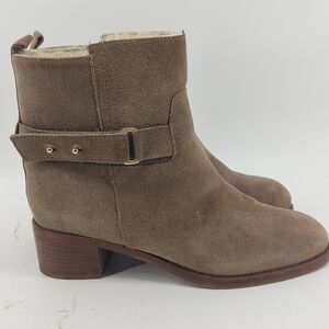 J.Crew Leather and Shearling Size 7.5 Parker  Ankle Winter Boots Taupe Pull On